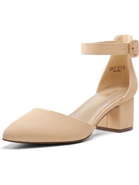 Women's Nude Nubuck ANNEE Closed Toe Chunky Block Heels Ankle Strap Pumps Shoes
